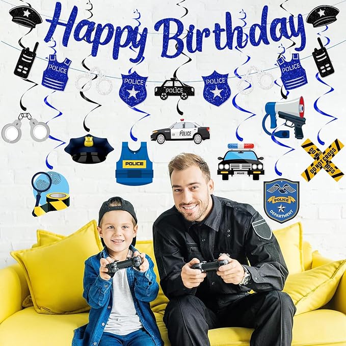 Zwiebeco Blue Black Silver Police Happy Birthday Banner Bunting Hanging Paper Swirls Garland Party Decorations for Boys Girls Kids Womens Mens Adults Police Themed Bday Decor Accessories Supplies