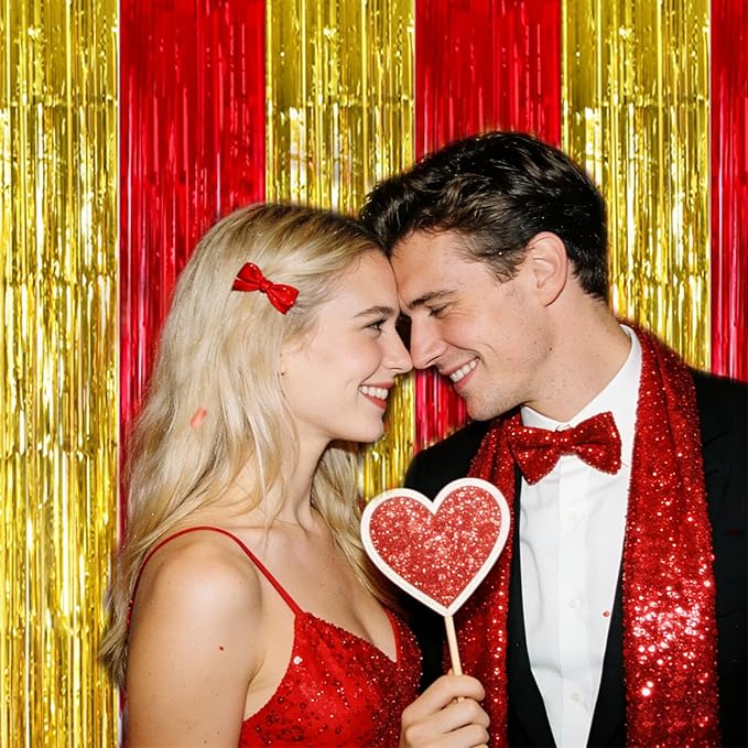 TONIFUL Gold Red Door Streamers,Black and Pink Photo Booth Backdrop Metallic Streamers Foil Fringe Curtain for Birthday,New Year,Graduation,Grad,Baby Shower Party Streamers Decoration