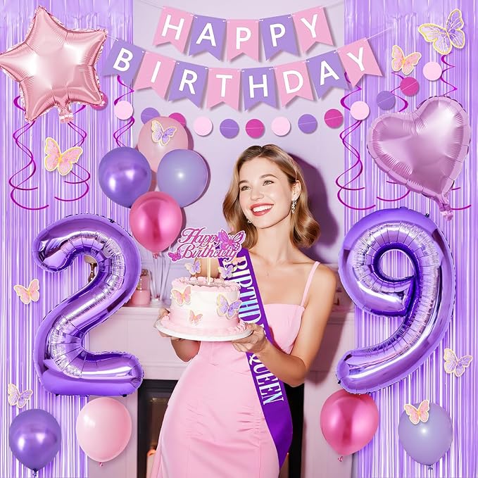 29th Purple Birthday Decorations for Women, Pink and Purple Happy 29 Birthday Party Decorations with Happy Birthday Banner, Number Foil Balloons, Butterfly Cake Topper for 29th Party Supplies