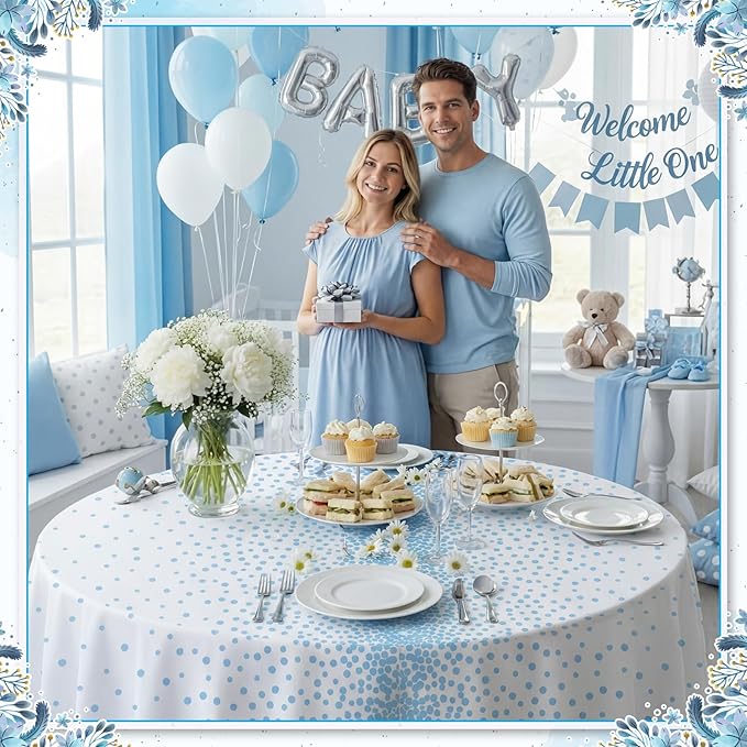 VitalCozy Round Dot Tablecloth 84 Inch Plastic Table Cover Polka Dot Confetti Tablecloths for Easter 2026 Graduation Prom Wedding Birthday Spring Party Supplies(White and Light Blue,3 Pcs)