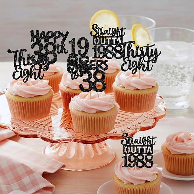 30PCS Black 38th Birthday Cupcake Toppers Glitter Thirty Eight Happy 38th Straight Outta 1988 Cupcake Picks for Cheers to 38 Years Birthday Wedding Anniversary Party Cake Decorations Supplies