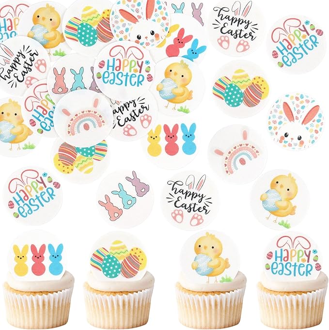 Ercadio 40pcs Edible Happy Easter Cupcake Topper Round Edible Easter Bunny Rabbit Ears Eggs Cupcake Picks For Easter Sunday Birthday Spring Baby Shower Party Cake Decorations Supplies
