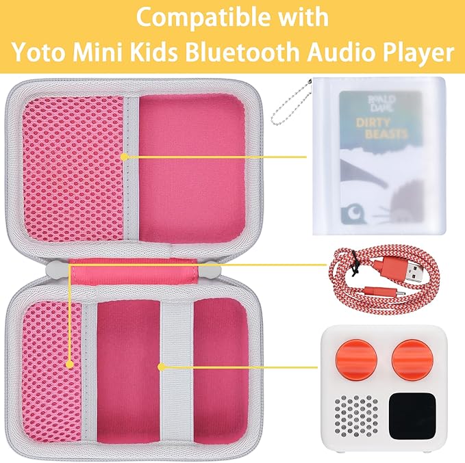 co2CREA Hard Case Compatible with Yoto Mini 2024 Edition Kids Audio Music Player Children Speaker Plays Audiobook Cards Radio and Card Case Hold up to Yoto 36 Cards, Pink Case + White Zipper