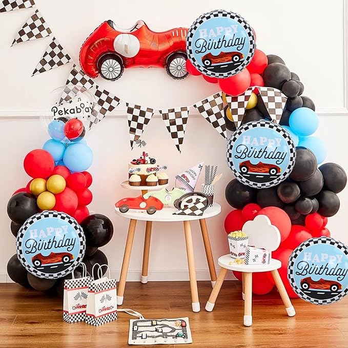18 Inch Race Car Happy Birthday Balloons, 4pcs Black and White Checkered Racecar Foil Round Balloon, Two Fast One Birthday Decor for Kids Boys Racing Car Driver Monster Truck Theme Party Decorations