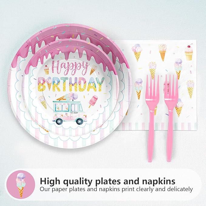 Grencian 96 Pcs Ice Cream Birthday Party Decorations 4th Birthday Plates for Girls Ice Cream 4th Party Supplies Disposable Pink We Scream Four Paper Plate for Four Year Old Sweet Four Kids Girls
