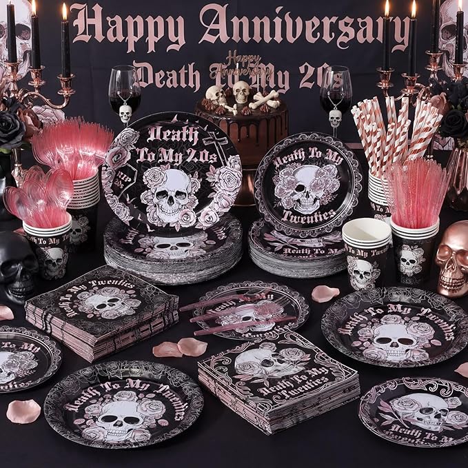 450 Pcs Death to My 20s Tableware Set Rose Gold Black 30th Birthday Party Decorations Rip to My 20s Paper Plates Napkins Cups Cutlery Straws for Women Funeral My Youth Birthday, Serves 50