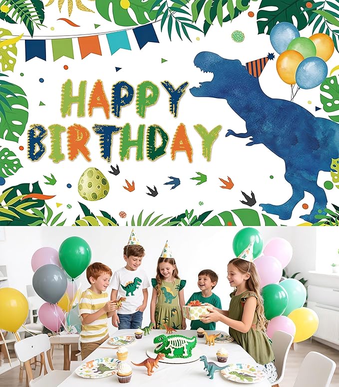 Watercolor Dinosaur Birthday Party Backdrop Dino Happy Birthday Banner T-Rex Photography Background for Boys Party Supplies 70.8 x 47.2 Inch