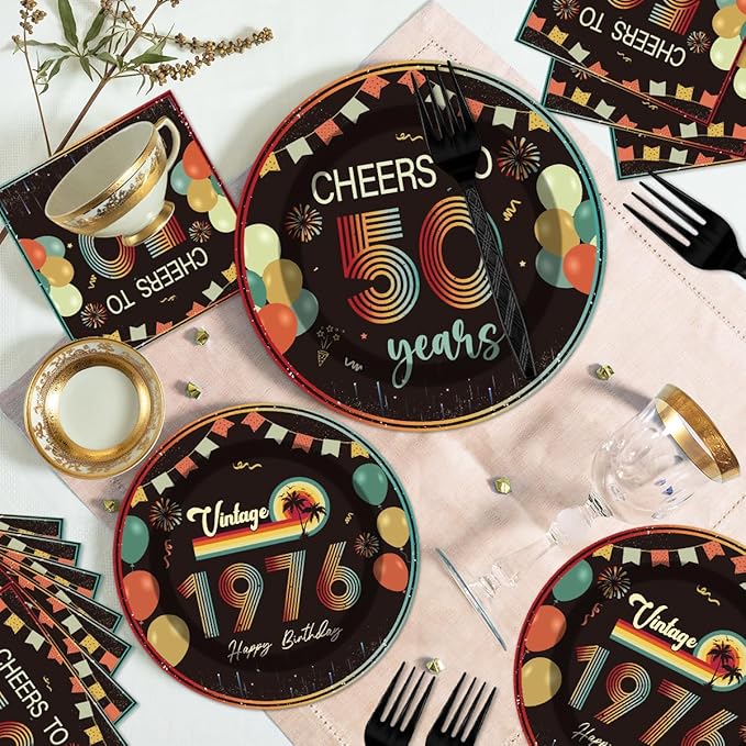 96Pcs Vintage 50th Birthday Decorations Tableware Set Back in 1976 Paper Plates Napkins Forks Cheers to 50 Years Disposable Tableware Decor for Women Men 50th Birthday Party Favor Serve 24 Guests
