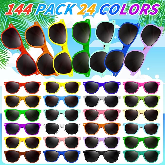 144 Pack 24 Color Neon Sunglasses Party Favors Bulk,80’s Retro Style Perfect Colorful Novelty Sun glasses Set for Birthday Party Supplies,Beach,Pool Party Favors,Goody Bag Favors for Kids Adults