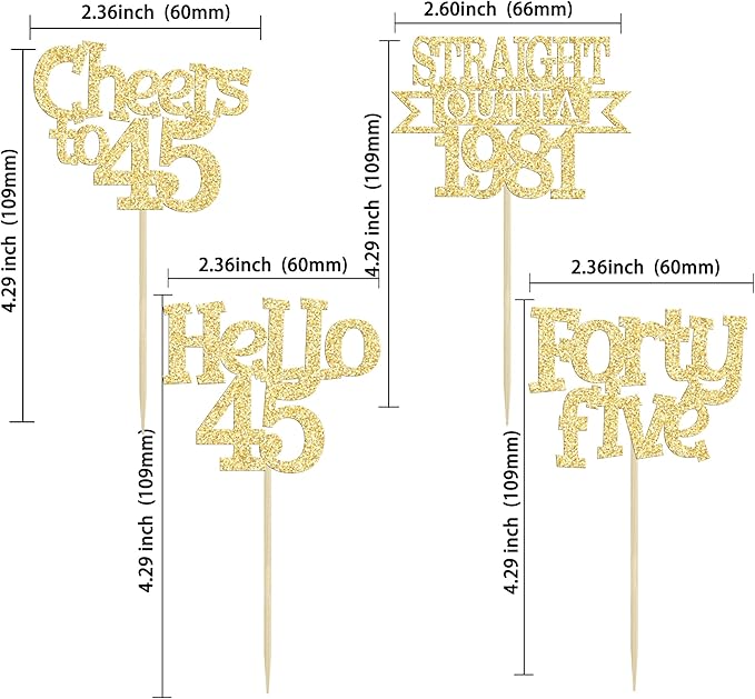 Ephlyn 24Pcs 45th Birthday Cupcake Toppers Glitter Straight Outta 1981 Cupcake Picks Hello 45 Cheers to 45 Years Cake Decorations for 45th Birthday Anniversary Party Decorations Supplies Gold