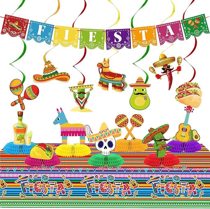 Fiesta Mexican Party Decorations Set - Fiesta Banner, Hanging Swirls, Honeycomb Centerpieces Mexico Tablecloth for Cinco De Mayo, Taco Tuesday, Mexican Themed Birthday Luau Party Supplies (Mexican)