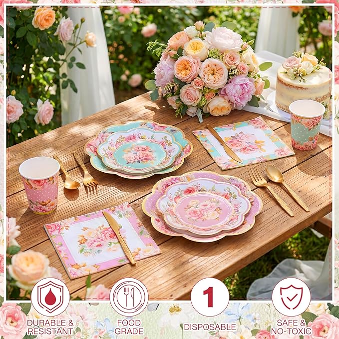 350 Pcs Tea Party Supplies Spring Summer Tableware Set Disposable Plates Napkins Paper Cups Plastic Cutlery Set For Birthday Bridal Baby Shower Serves 50 (Floral,Multicolor)