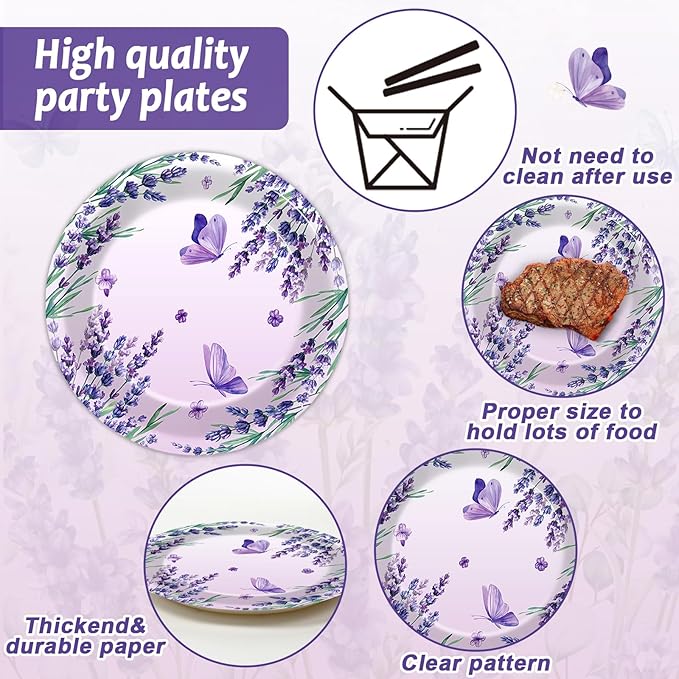 96 Pcs Purple Party Supplies Lavender Paper Plates Napkins Watercolor Floral Cake Dessert Tableware Set Butterfly Dinnerware for Spring Summer Birthday Party Shower Decoration Serve 24