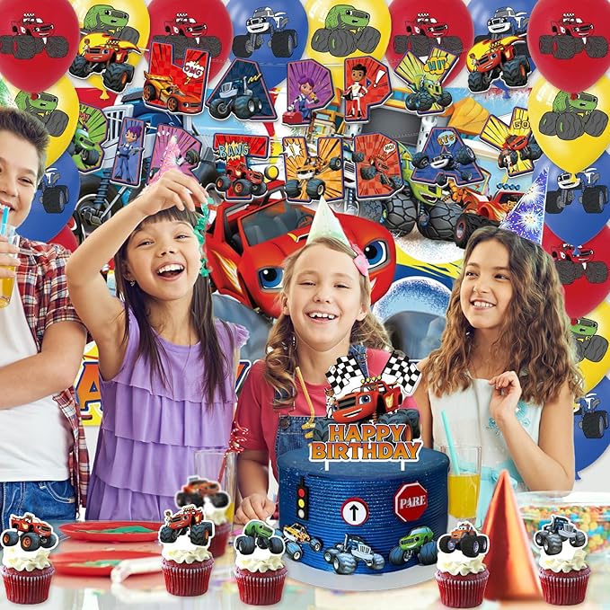 42pcs Blaze and the monster Birthday Party Supplies Pack Includes，Banner，Cake Topper，Blackdrop,Balloons for Blaze Party Supplies