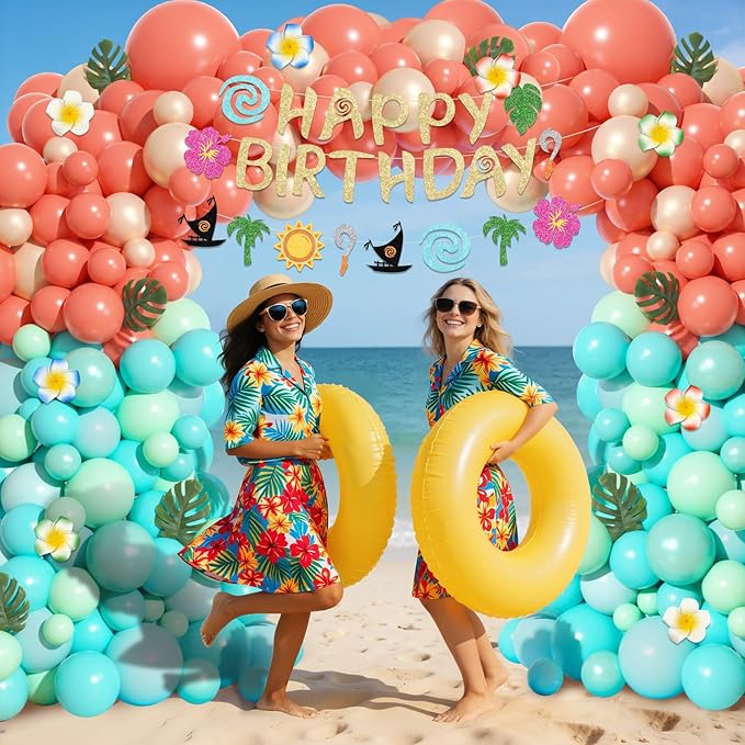 Ouddy Life 165Pcs Tropical Birthday Party Decorations, Summer Tropical Balloon Garland Arch Kit Coral Pearl Rose Gold Teal Pastel Blue Artificial Palm Leaves Banner for Hawaii Luau Party Supplies