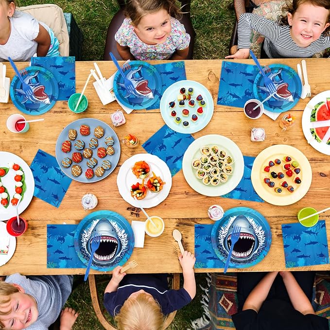 24 Guests Shark Theme Party Decorations Under the Sea Party Tableware Set Shark Baby Shower Plates Napkins and Forks Ocean Birthday Table Decorations Supplies 96Pcs