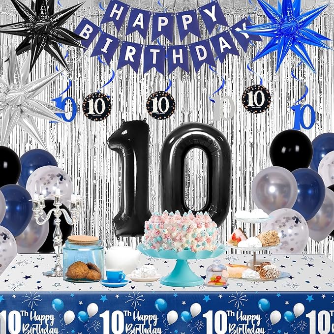 10th Birthday Decorations for Boys and Girls Dark Blue, Double Digits Birthday with HAPPY BIRTHDAY Banner 10 Balloon Number Tablecloth Foil Star Balloons Garland Arch Kit-10 Year Old Party Supplies