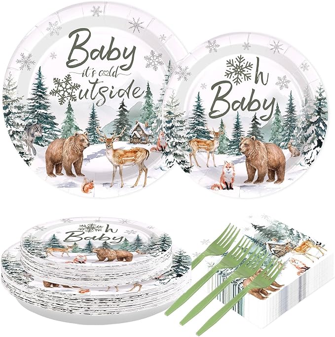 200Pcs Baby It's Cold Outside Plates and Napkins Disposable Winter Onderland Baby Shower Decorations Winter Snowflake Animals Woodland Tableware Sets for Girl Boy Shower Birthday Supplies Serves 50