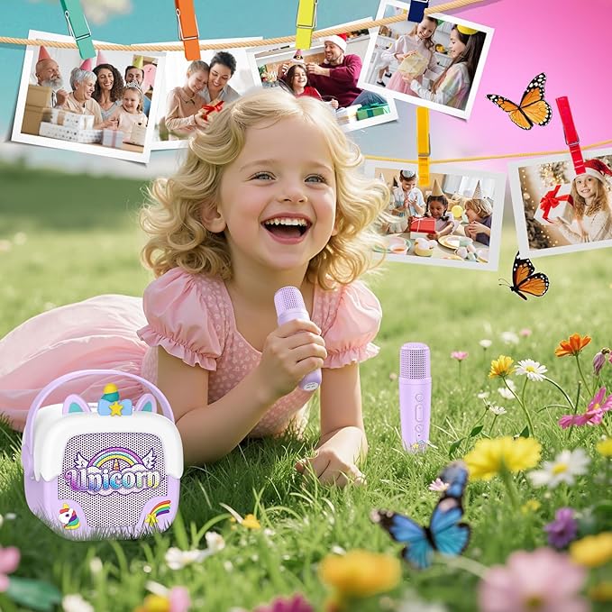 Mini Karaoke Machine for Kids Girls: Unicorn Portable Bluetooth Speakers with 2 Wireless Mic Toys for Girls Age 4-6 7 8 9 Years Old Girl Easter Birthday Gifts for 5 6 7 8 9 10 11 Years Teens Purple