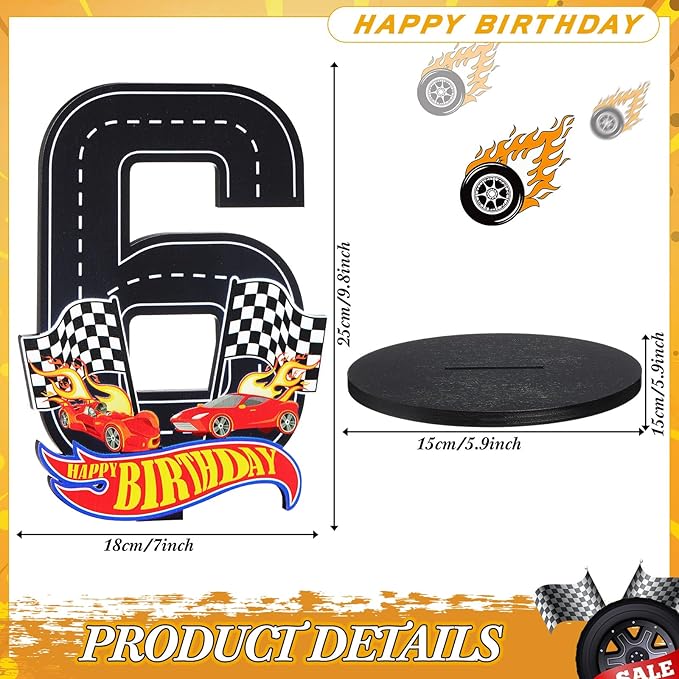 Race Car 6th Birthday Number Sign Centerpiece Race Car Theme 6th Birthday Party Supplies Wooden Table Decoration Photo Props for Boys Six Years Old