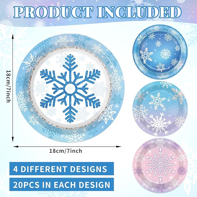 Wiooffen 80Pcs Winter Plates Snowflake Wonderland Party Tableware Decorations Winter Snowflake 7'' Paper Cake Dessert Dinner Plates for Christmas Xmas Holiday Party Supplies