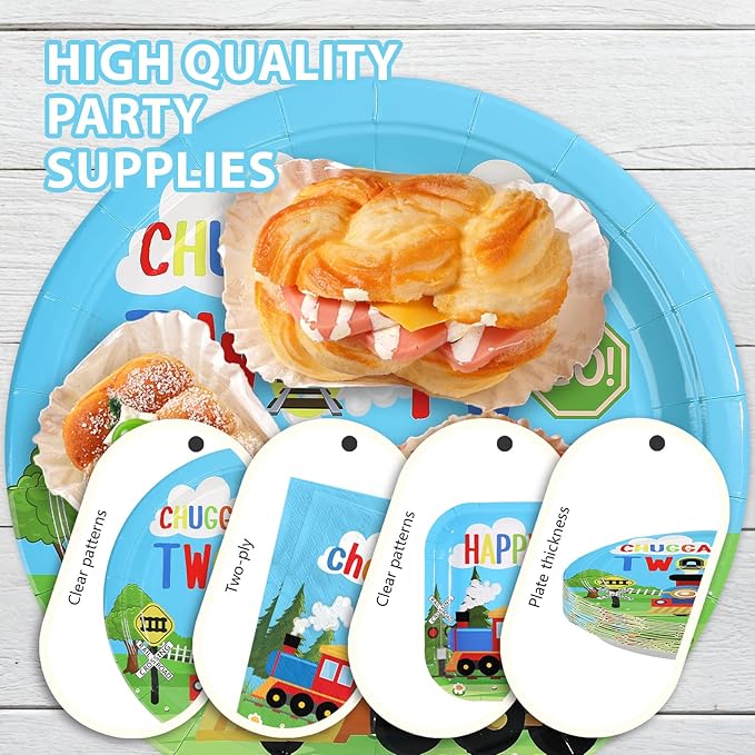 96 Pcs Train 2nd Birthday Party Decorations Chugga Chugga Two Two Plates and Napkins Disposable Railroad Transportation Tableware Set for Kids Train Theme 2 Year Old Birthday Party Supplies Serves 24