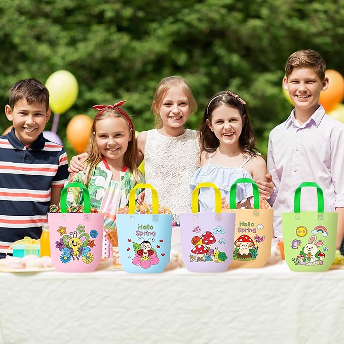 Hello Spring Coloring Goodie Bags for Kids - 24Pcs Welcome Spring Bulk Color Your Own Gift Bags with Handle SpringTime Reusable Coloring Bag Non Woven Tote Bag for DIY Crafts Painting Party Favor Supplies