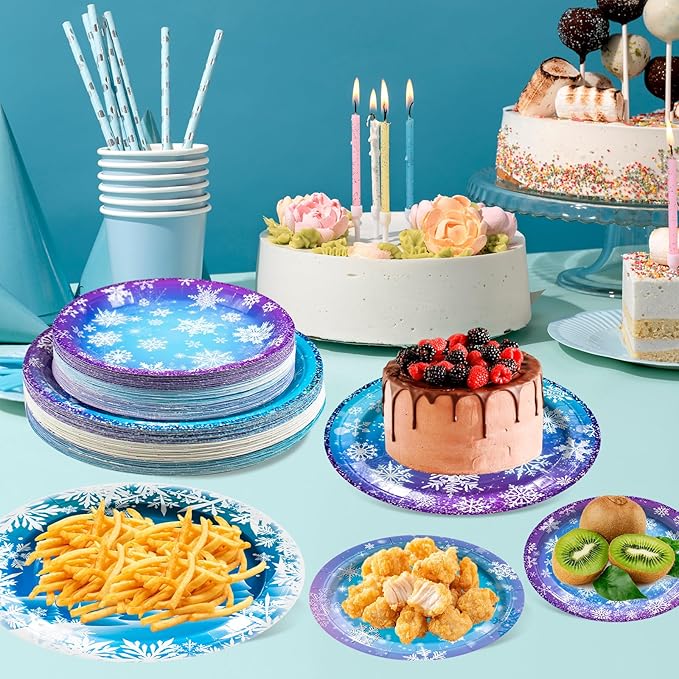 180PCS Frozen Birthday Party Supplies Serve 60,Snowflake Winter Wonderland Paper Plates and Napkins Kit for Christmas Winter Holiday New Year Birthday Party Supplies Decorations