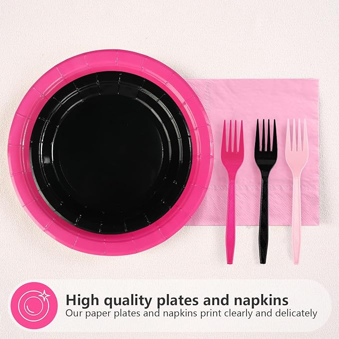 96Pcs Hot Pink and Black Birthday Decorations Pink and Black Party Plates and Napkins Disposable Pink Paper Plates for Baby Shower Girls Women Birthday Bridal Shower Spring Summer Party Supplies