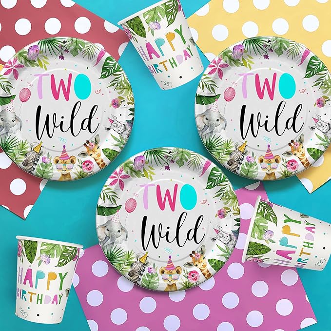 Two Wild Birthday Decorations Dinnerware For Girl, Jungle Safari Theme 2nd Birthday Party Supplies Include Plate, Cup, Napkin, Backdrop, Banner, Tablecloth, Balloon, Cutlery, Topper | Serve 24
