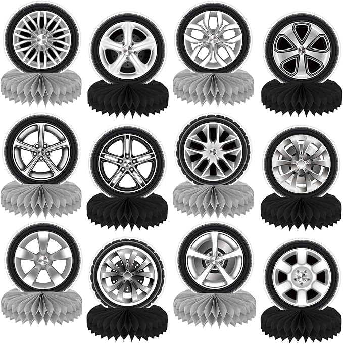 12Pcs Race Car Centerpieces for Tables, Racing Car Birthday Party Decorations Wheel Tire Centerpieces Decor, Double-Sided Tire Decorations for Car Themed Birthday Party Supplies