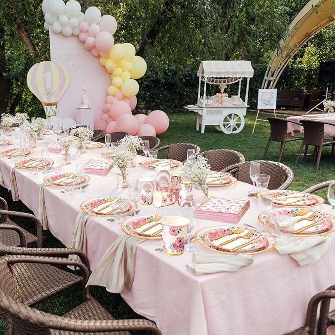 350 Pcs Floral Party Supplies Tableware Set Disposable 9'' 7'' Paper Plates 9 oz Cups Cutlery Napkins Dinnerware for Baby Shower Bridal Wedding 1st Birthday, Serve 50 (Floral, Rose Gold)