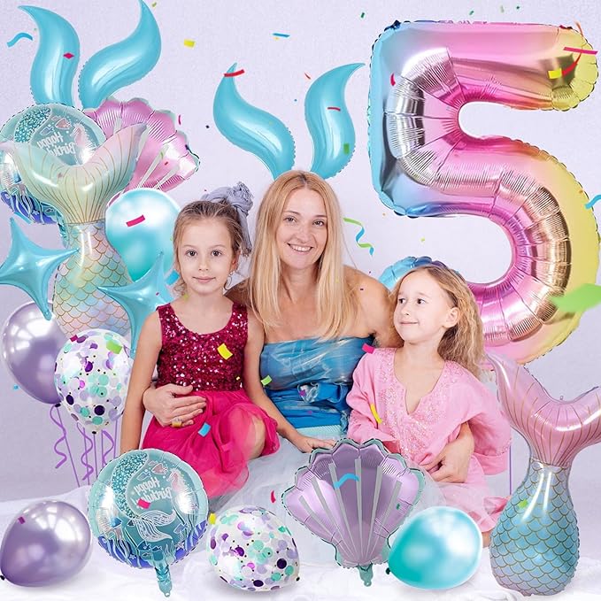 Mermaid Birthday Decorations 40 Inch Giant 5 Years Old Foil Balloons Kit for Girls Under The Sea Theme Party 21Pcs Balloons for Birthday Anniversary Baby Shower Party Decorations Supplies