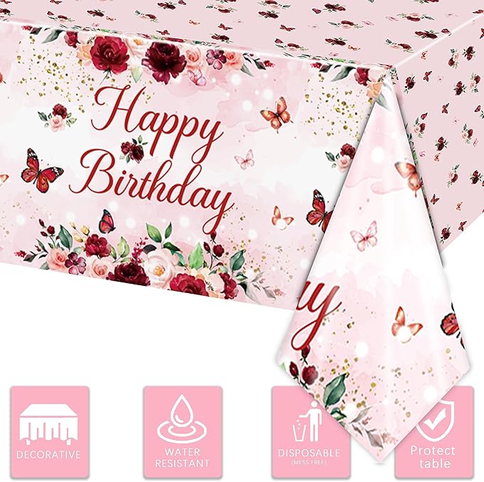 3PCS Happy Birthday Party Tablecloths for Woman Lady Girls Birthday Pink Watercolor Floral Themed Burgundy Flower Table Cover Party Decorations Disposable Plastic Table Cloth