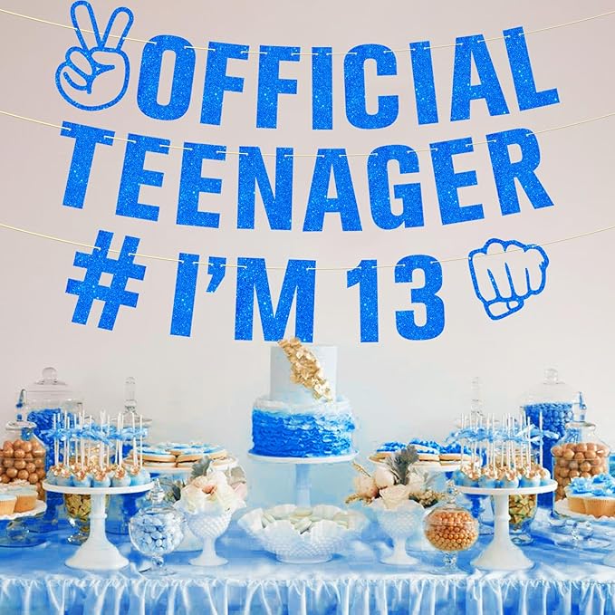 Glitter 13th Birthday Decorations Blue Official Teenager I’m 13 Banner for Boys, Cheers to 13 Years Happy 13th Birthday Party Supplies