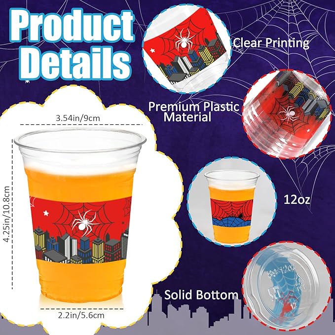 100Pcs Spider Web Birthday Party Decorations Cups, 12 OZ Disposable Plastic Drinking Cups Hot Cold Drink Wine Coffee for Home Sports Birthday Christmas Themed Holiday Party Supplies Favors