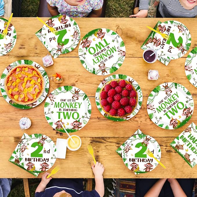 96Pcs Monkey 2nd Birthday Decorations Jungle Wild Animal Plates and Napkins Monkey Theme Disposable Paper Tableware Set for Boys Girls Two Years Old Birthday Party Supplies Serves 24