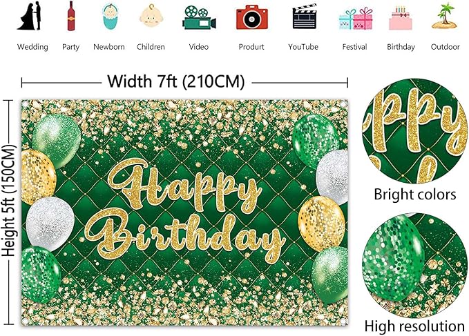 Green Gold Birthday Banner Backdrop Gold and Green Glitter Happy Birthday Photography Background Men Women Kids Party Decoration Photo Supplies (Green, 82x59inch (7x5FT))