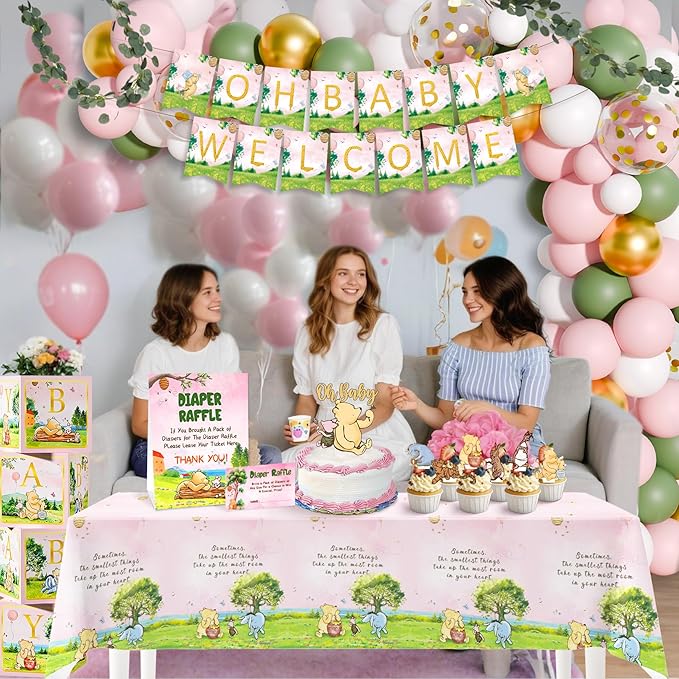 154 PCS Pink Winnie Baby Shower Decorations Kit Vintage Winnie Party Supplies Decorations, All-in-1-Balloon Garland Arch Backdrop, Tablecloth, Cake Topper, Banner, Box Decorations for Girl Baby Shower