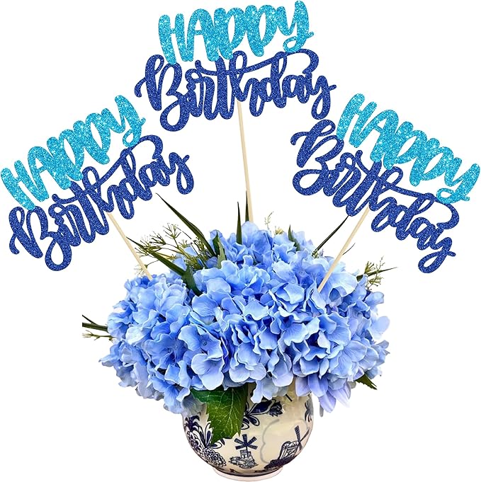Gyufise 12Pcs Happy Birthday Centerpieces Sticks Double Sided Glitter Birthday Party Decorations Anniversary Table Flower Centerpiece for Celebrating Party Supplies Blue Dark Blue