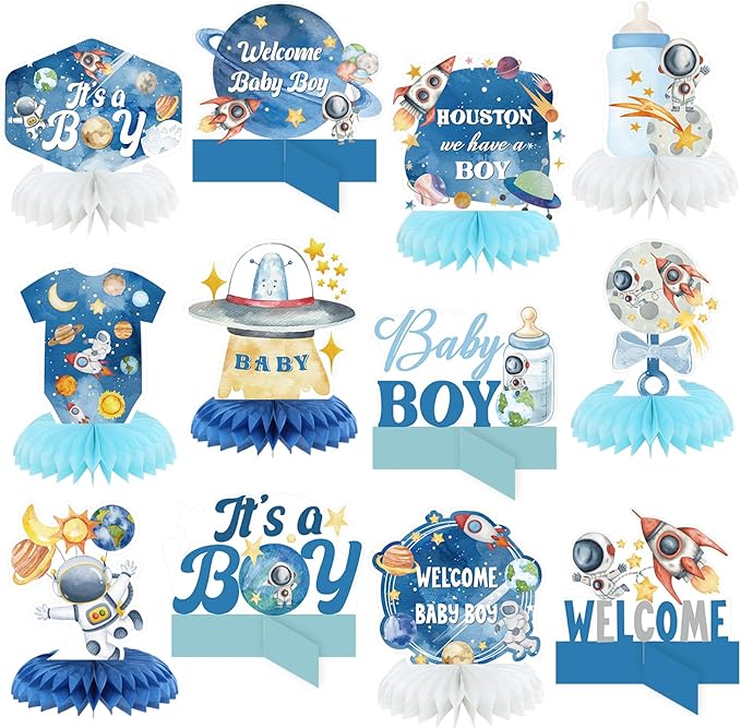 12 Pcs Outer Space Baby Boy Shower Decorations Welcome It's a Boy Baby Shower Honeycomb Centerpieces Blue Astronaut Rocket Bottle Planet Table Topper Table Decoration for Birthday Party Favors