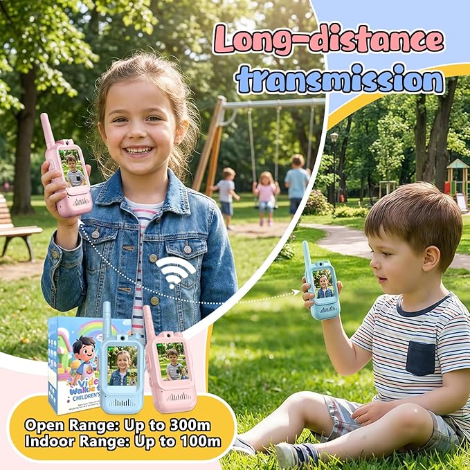 Video Walkie Talkies for Kids,with Long-Distance Transmission and High-Definition Display,Suitable As Gifts for Boys and Girls Aged 3-12,Perfect for Family Games (Pink + Blue)