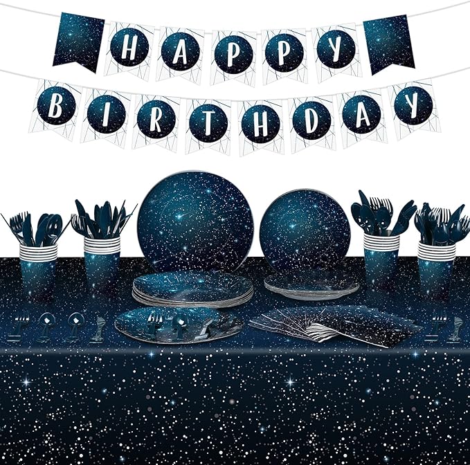 Tiamon 171 Pcs Galaxy Space Party Decoration Tableware Set Space Theme Birthday Decoration Galaxy Tablecloth Paper Plates Napkins, Birthday Banner for 24 Guests Party Supplies (Fresh Style)