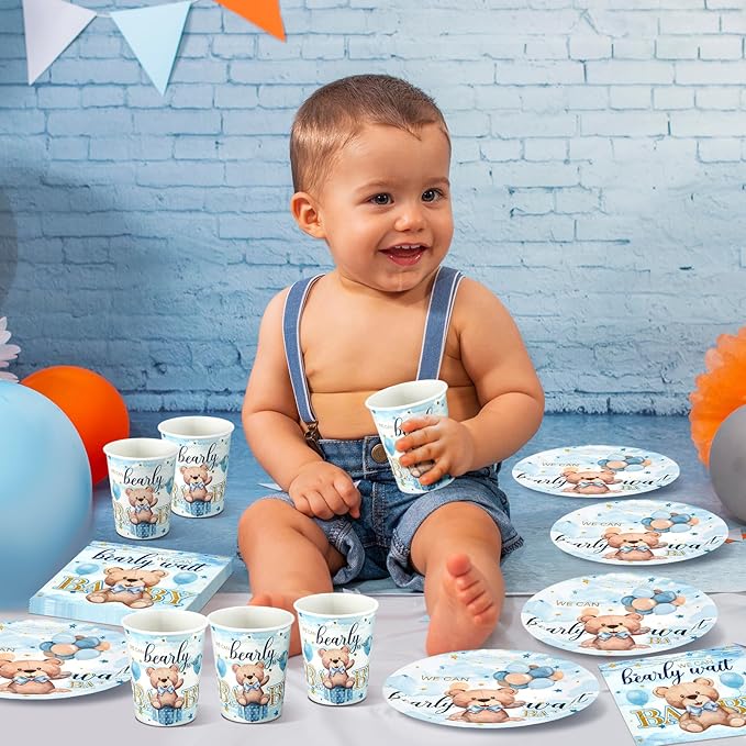 Hushee 200 Pcs Blue Bear Baby Shower Paper Plates Napkins Cups Baby Shower Party Supplies Tableware Set Bear Theme Disposable Cup Napkin for 50 Guest Boy Sets Spring Party Decoration Boy Girl