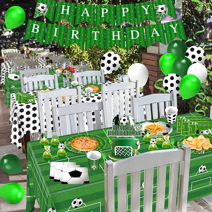 Soccer Party Decorations, 143Pcs Soccer Birthday Party Supplies-Serves 24 with Plates and Napkins Tablecloth and Birthday Banner Balloons for Soccers Sports Theme Birthdays Decorations