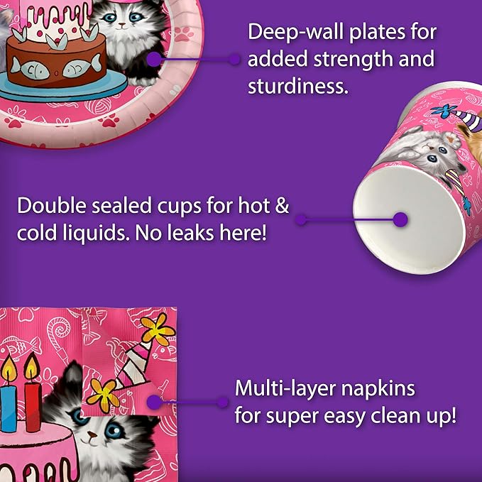 Kitty Cat Pink Kitten Birthday Party Supplies Set Plates Napkins Cups Tableware Kit for 16