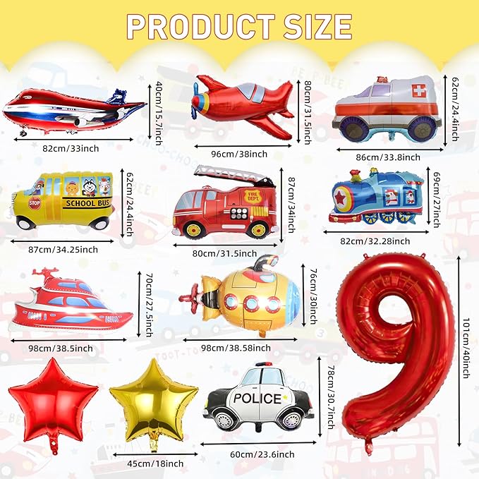 12pcs Transportation Balloons, Truck Plane School Bus Fire Truck Police Car Ship Ambulance Submarine Foil Balloon, Transportation 9th Birthday Vehicles Theme Party Supplies Decorations (9th)
