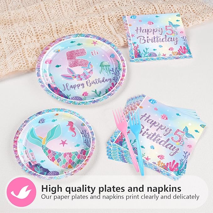 96Pcs Mermaid 5th Birthday Party Decorations Dive Into Five Party Plates and Napkins Disposable Mermaid Ocean Sea Animal Tableware Set for Girls 5 Year Old Little Mermaids Party Supplies Serves 24
