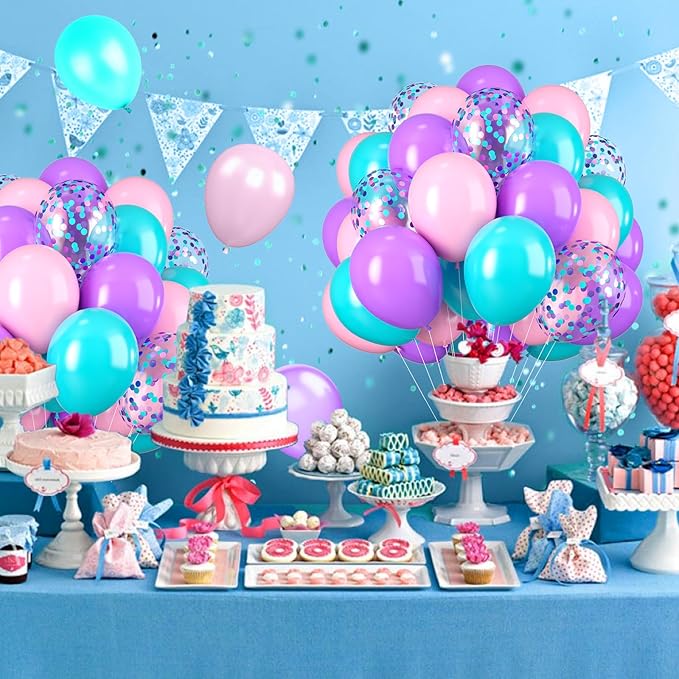 Pink Purple Blue Balloons, 12 Inch Color Pink Teal Purple Balloons Confetti Latex Balloons for Mermaid Themed Gaby Doll house Party Birthday Decorations