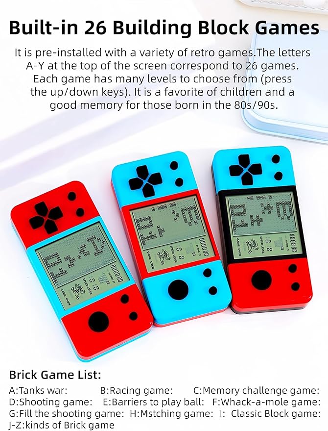 Retro Brick Game Game Blue-red Color Design Built-in 26 Cube Block Games Leisure Entertainment Electronic Block Puzzle Children/Student/Parents Birthday/Holiday (Bluered)